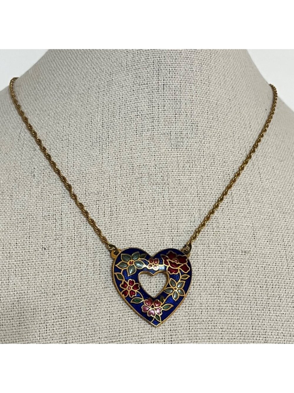 Vintage Avon Cloisonné Heart Necklace With Floral Design & Gold-Tone Chain